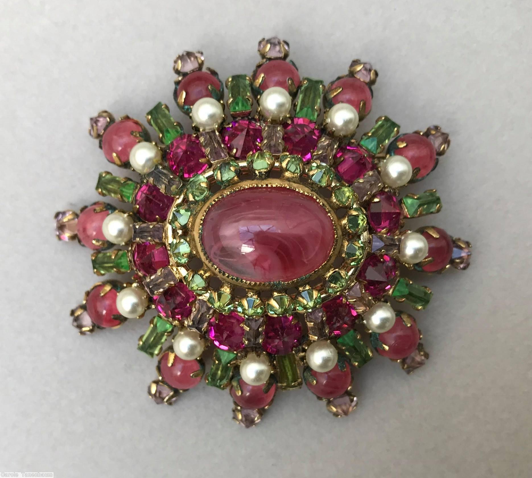 Schreiner 5 rounds varied length domed radial oval pin large oval center 16 small surrounding chaton small baguette fuchsia pink faux pearl green celery jewelry
