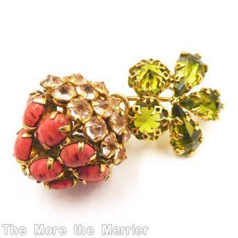 Schreiner 5 small leaf clustered berry pin 4 rounds clustered ball inverted stone 5 leaf on branch coral crystal peridot jewelry