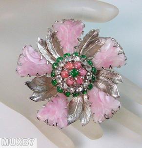 Schreiner 5 triangle petal 10 metal leaf radial pin clustered center marbled pink carved art glass silver metalic green crystal coral jewelry