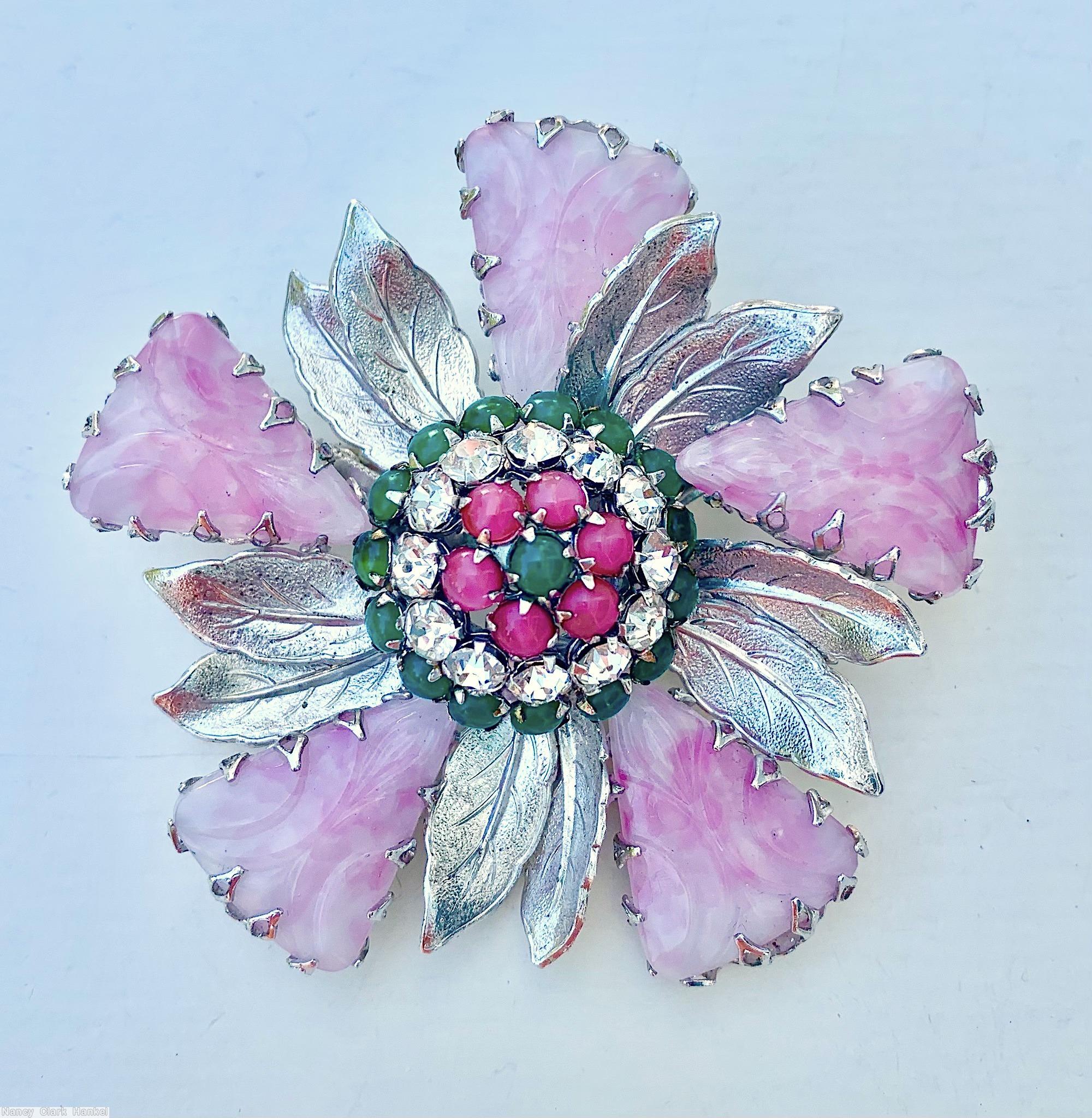 Schreiner 5 triangle petal 10 metal leaf radial pin clustered center marbled pink carved art glass silver metalic green crystal coral jewelry