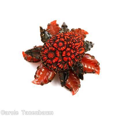 Schreiner 6 carved leaf large molded flower stone radial pin 6 large teardrop coral smoke copper back jewelry