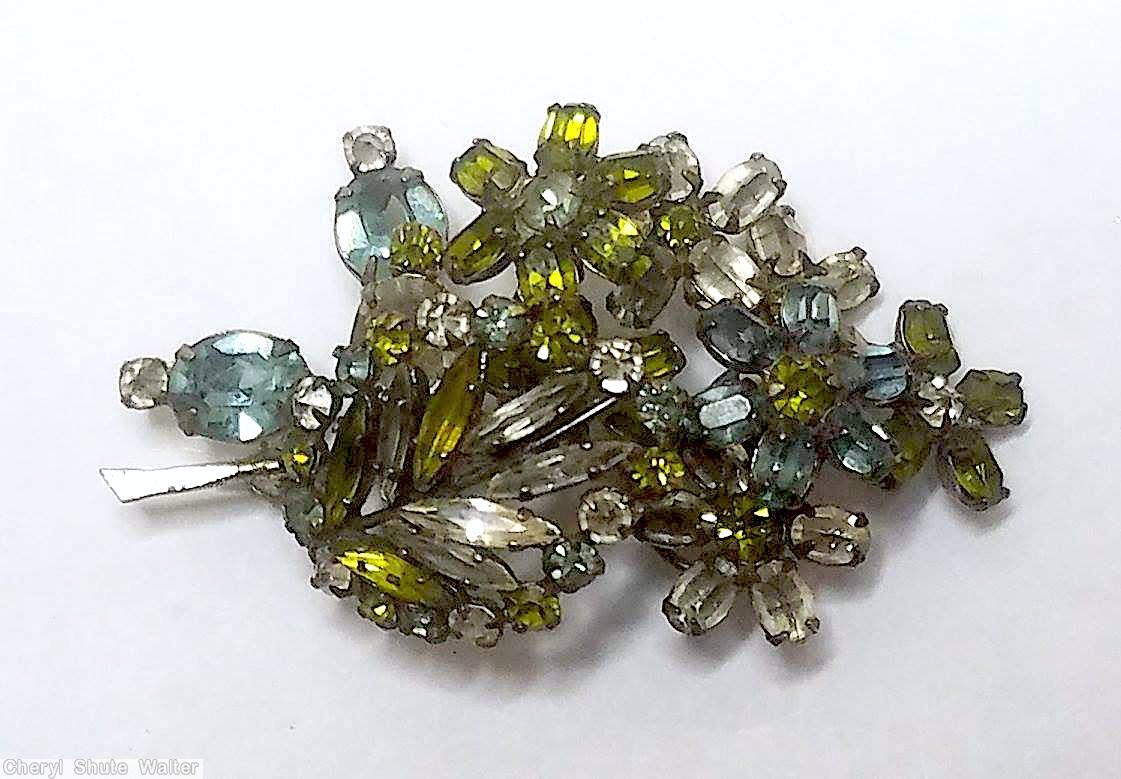 Schreiner 6 flower bush pin smoky blue green crystal jewelry