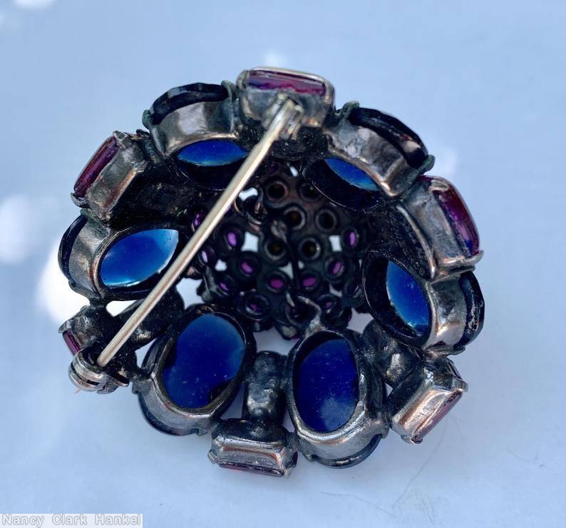 Schreiner 6 large oval cab sided high domed round pin large clustered ball center 3 rounds navy emerald purple magenta jewelry