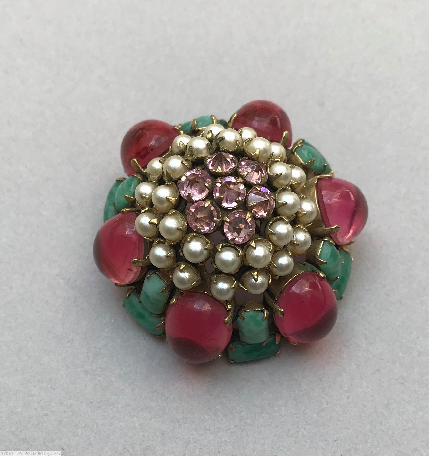 Schreiner 6 large oval cab sided high domed round pin large clustered ball center 3 rounds raspberry large oval cab jade emerald cut faux pearl ice lavender goldtone jewelry