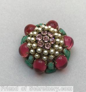 Schreiner 6 large oval cab sided high domed round pin large clustered ball center 3 rounds raspberry large oval cab jade emerald cut faux pearl ice lavender goldtone jewelry