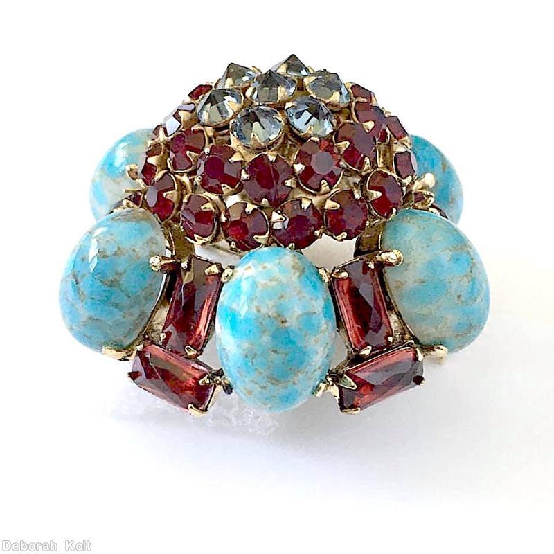 Schreiner 6 large oval cab sided high domed round pin large clustered ball center 3 rounds ruby turquoise goldtone jewelry