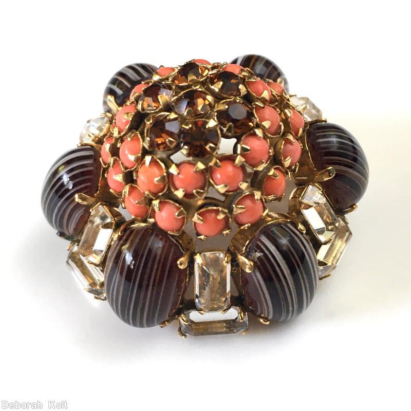 Schreiner 6 large oval cab sided high domed round pin large clustered ball center 3 rounds white striped large oval brown cab coral small round cab crystal emerald cut goldtone jewelry