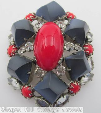 Schreiner 6 stone domed hexagon pin large oval center bordered 4 side matte navy blue stone red crystal jewelry