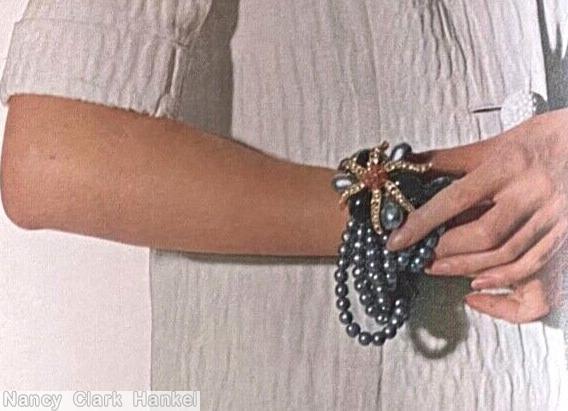 Schreiner 6 swirled wired ribbon radial double triangle pin 3 large bead clustered ball center 3 large oval cab coral striped honey peridot baroque pearl goldtone jewelry