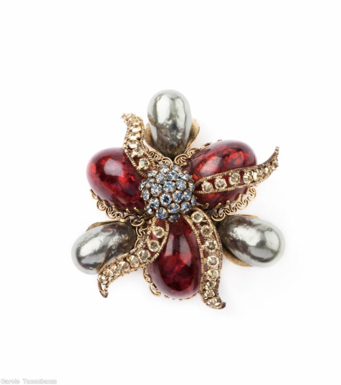 Schreiner 6 swirled wired ribbon radial double triangle pin 3 large bead clustered ball center 3 large oval cab marbled read large oval cab clear champgne wired ribbon 3 large silver metalic faux pearl jewelry