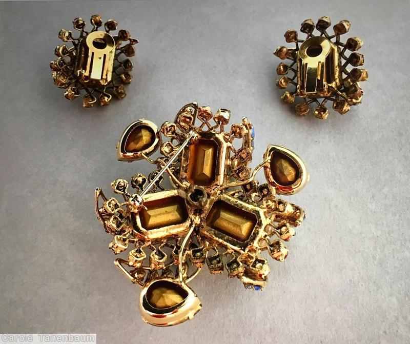 Schreiner 6 swirled wired ribbon radial pin 2 level pin 3 large emerald cut 3 large teardrop fuchsia ice blue ice lavender jewelry