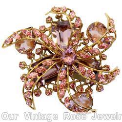 Schreiner 6 swirled wired ribbon radial pin 2 level pin 3 large emerald cut 3 large teardrop pink peach jewelry