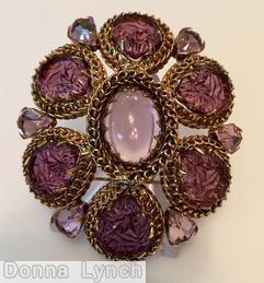 Schreiner 6 teardrop cracked ice stone radial oval pin large oval cab center metal chain border 6 small teardrop plum cracked ice large teardrop pale plum goldtone jewelry