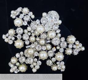 Schreiner 6 wire branch arch pin 1 large teardrop varied size chaton faux pearl crystal silvertone jewelry