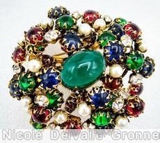 Schreiner 7 branch swirled pin large oval center small round chaton ruby emerald faux pearl crystal sapphire goldtone jewelry