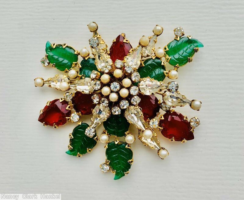 Schreiner 7 carved leaf 2 level radial pin top level 6 teardrop bottom level 5 large teardrop cab 5 small teardrop green carved leaf ruby crystal faux pearl goldtone jewelry