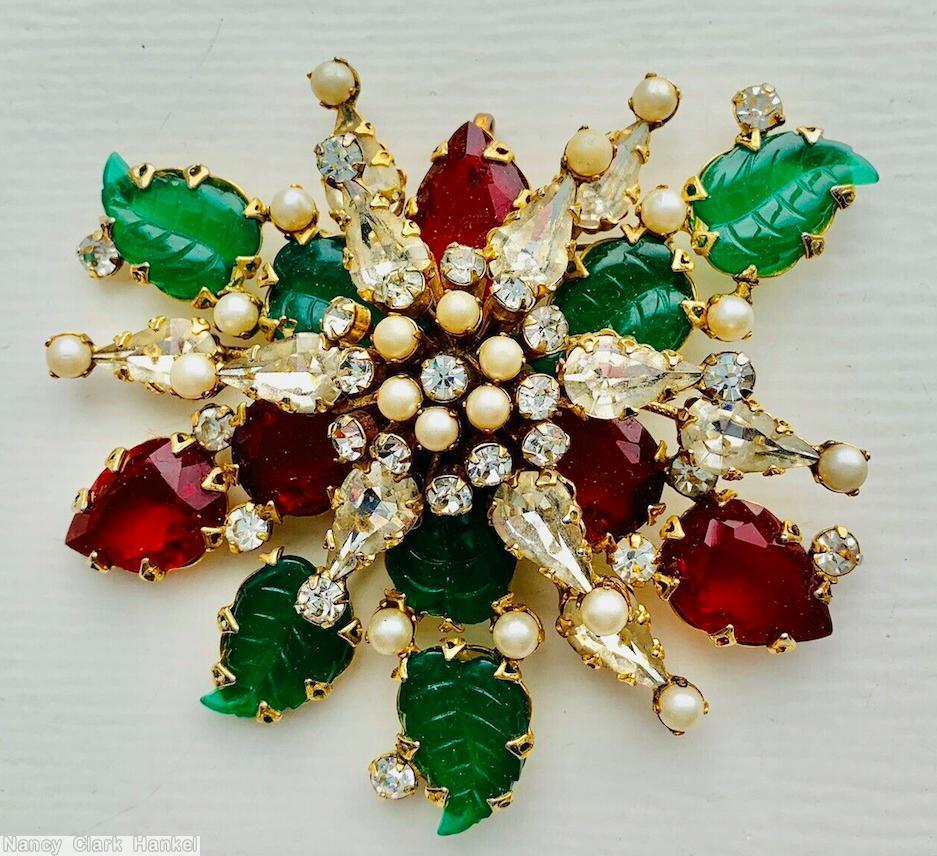 Schreiner 7 carved leaf 2 level radial pin top level 6 teardrop bottom level 5 large teardrop cab 5 small teardrop green carved leaf ruby crystal faux pearl goldtone jewelry