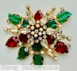 Schreiner 7 carved leaf 2 level radial pin top level 6 teardrop bottom level 5 large teardrop cab 5 small teardrop green carved leaf ruby crystal faux pearl goldtone jewelry