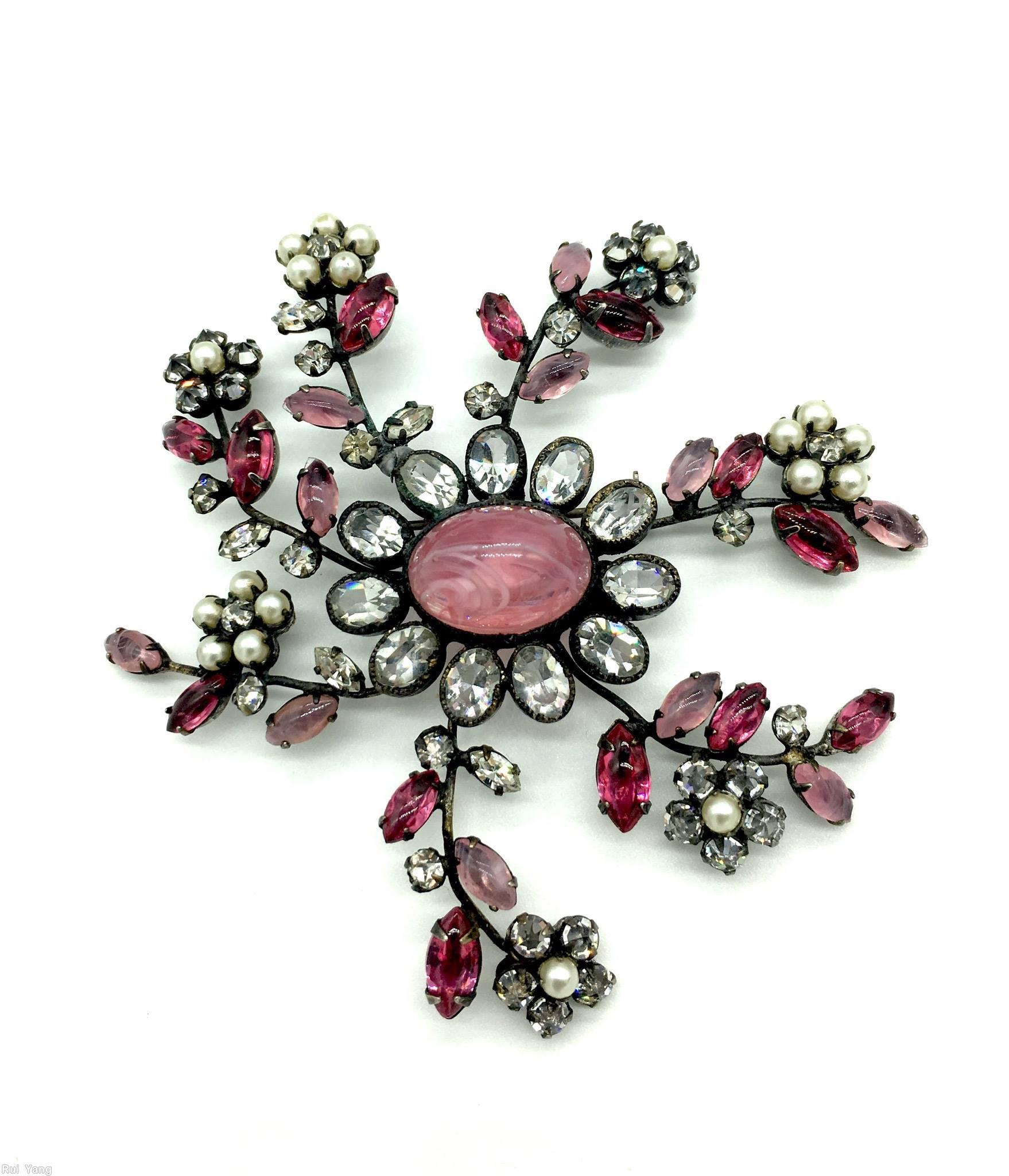 Schreiner 7 clustered flower long branch sprawling radial flower pin large oval center 11 surrounding stone marbled pink fuchsia ice pink crystal faux pearl seeds jewelry