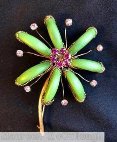 Schreiner 7 elongated banana shaped stone radial flower pin 7 wired single stone branch green fuchsia goldtone jewelry