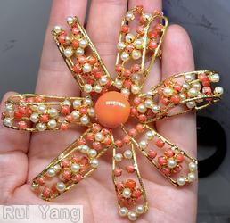 Schreiner 7 wire ribbon radial pin chaton center flower head coral chaton center faux pearl goldtone jewelry
