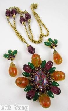 Schreiner 8 bead radial domed oval pin hook eye metal leaf deco 4 large bubble coral marbled clear citrine bubble raspberry bubble emerald navette goldtone jewelry