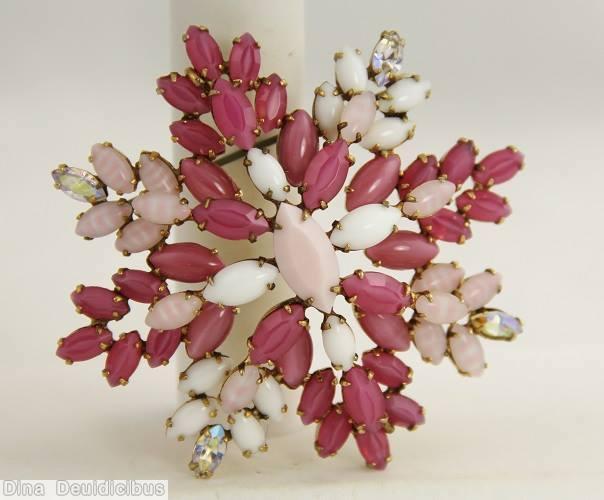 Schreiner 8 branch radial snowflake square pin white ab striped pink opaque fuchsia large navette center jewelry