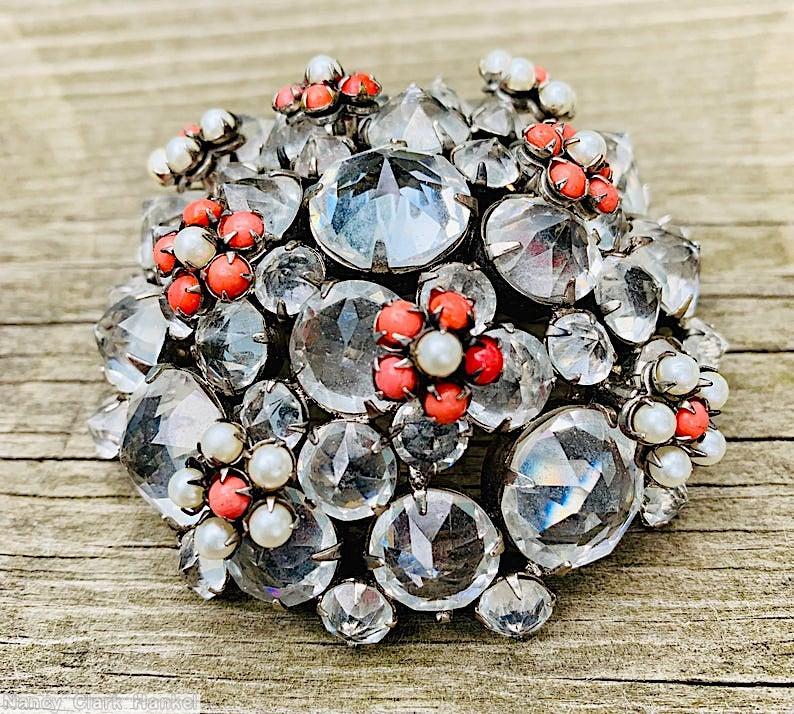 Schreiner 8 clustered flower domed round pin chaton center crystal coral faux pearl jewelry
