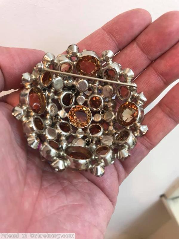 Schreiner 8 clustered flower domed round pin chaton center opaque baby blue peridot brown jewelry
