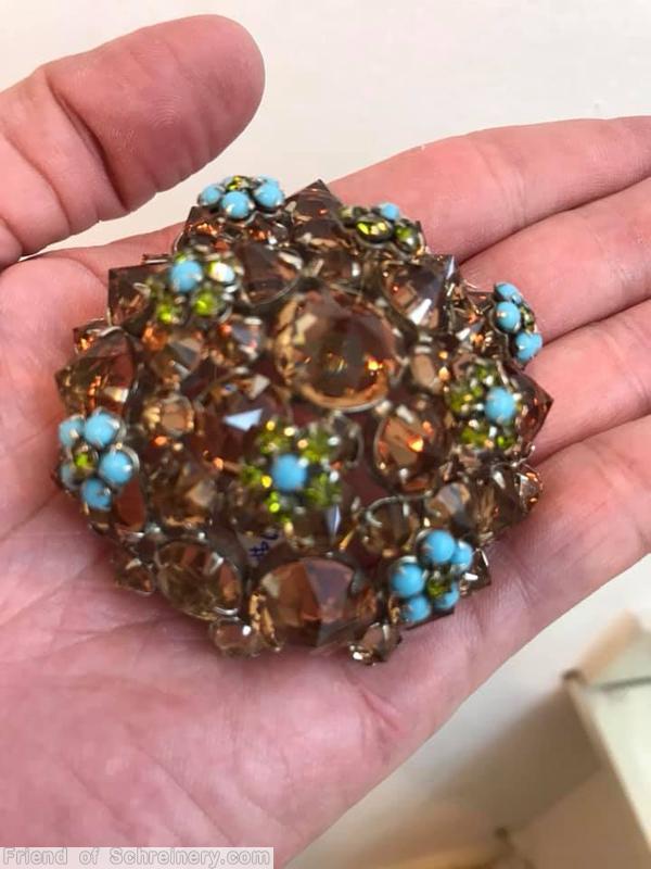 Schreiner 8 clustered flower domed round pin chaton center opaque baby blue peridot brown jewelry
