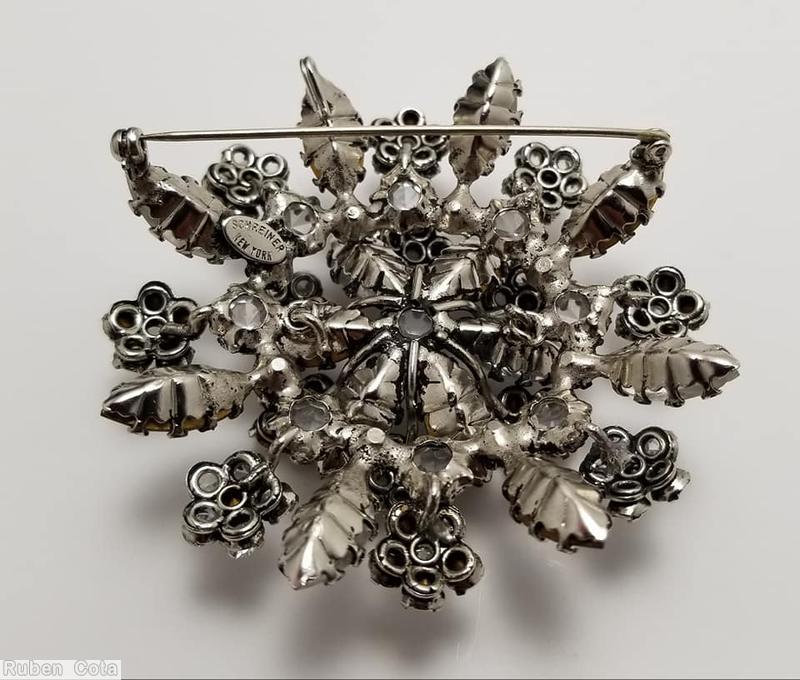 Schreiner 8 clustered flower spray pin crystal smoke silvertone jewelry