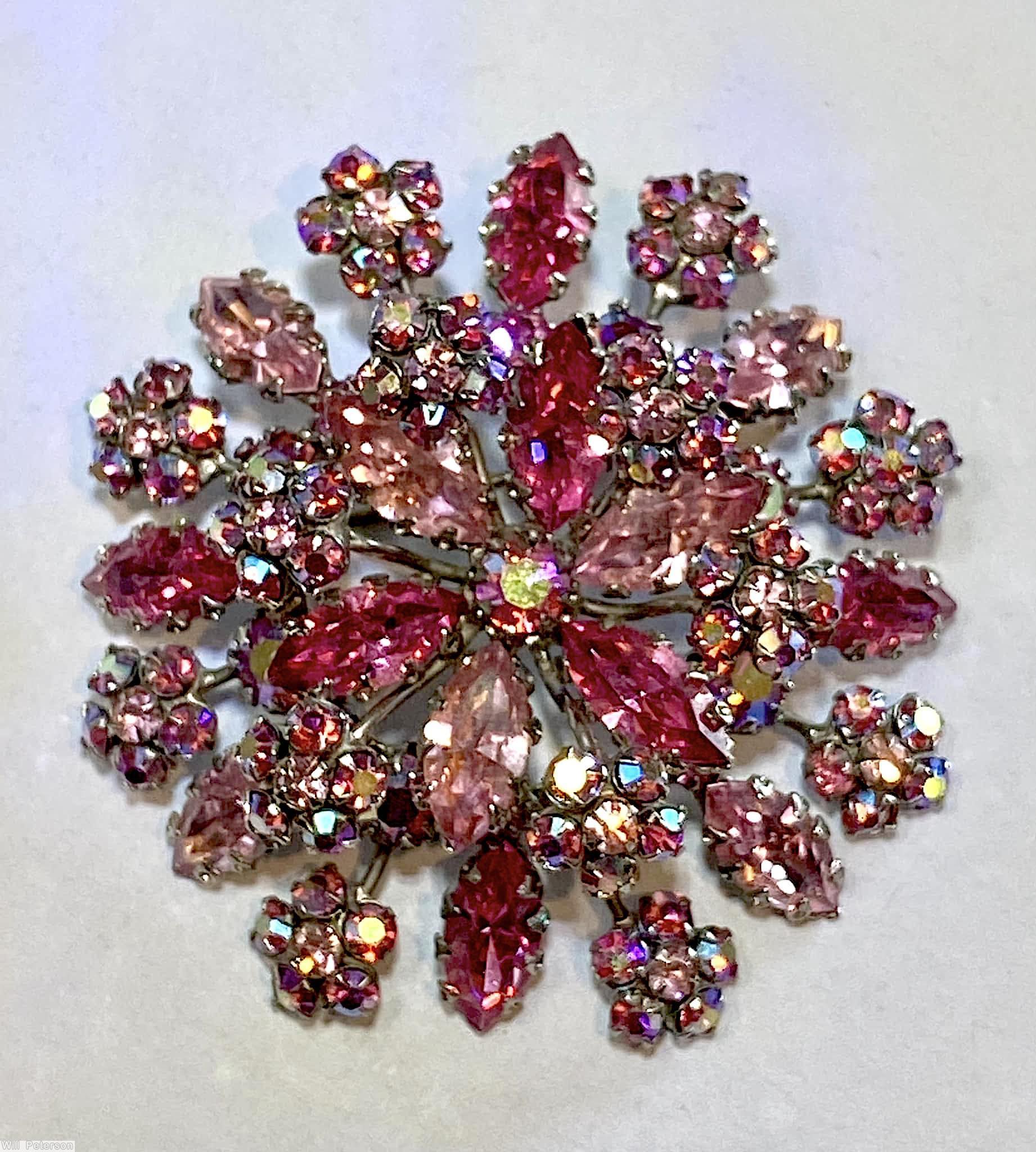 Schreiner 8 clustered flower spray pin fuschia ice pink silvertone jewelry