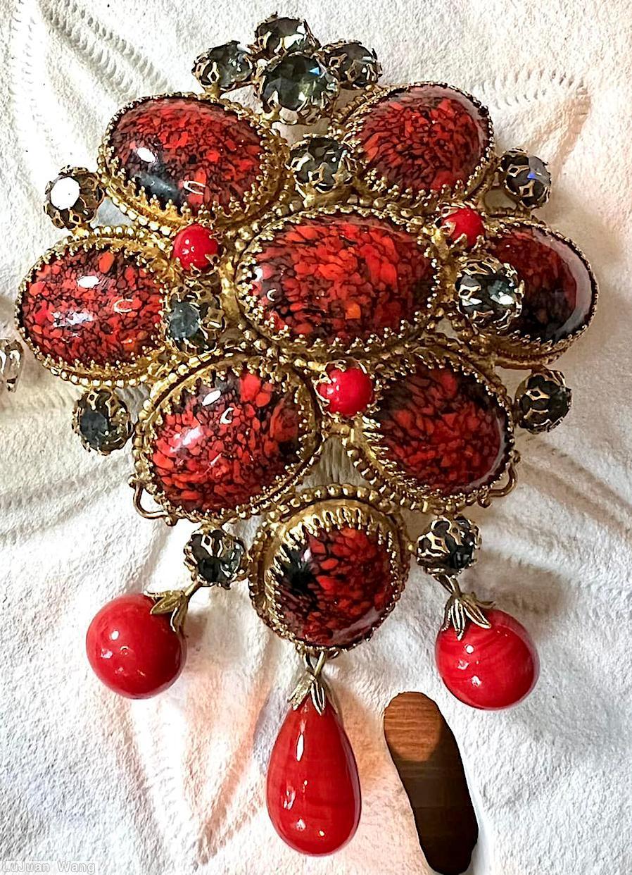Schreiner 8 large oval cab top down 5 dangle pin 1 large bead dangle 4 small bead black red large oval poppy jasper cab jet chaton red bubble red chaton goldtone jewelry
