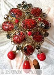 Schreiner 8 large oval cab top down 5 dangle pin 1 large bead dangle 4 small bead black red large oval poppy jasper cab jet chaton red bubble red chaton goldtone jewelry