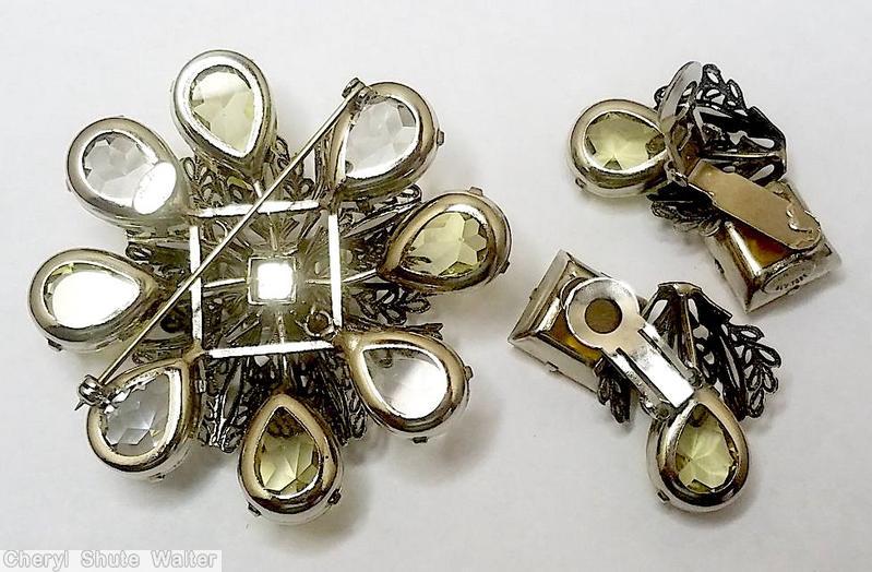 Schreiner 8 large teardrop radial 2 level pin filigree large square center hook eye clear faceted crystal teardrop clear champagne faceted teardrop amber silvertone jewelry