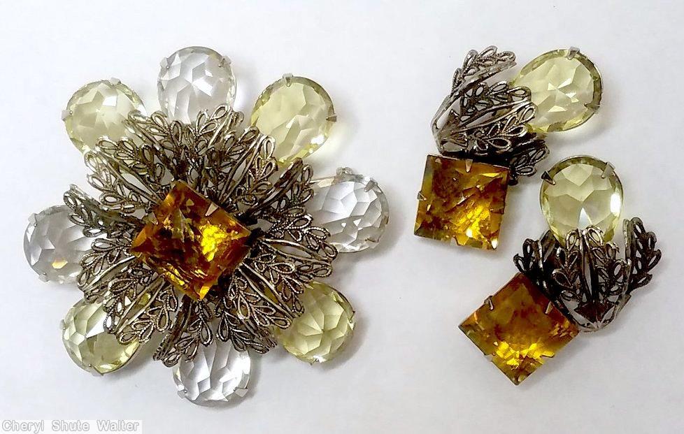 Schreiner 8 large teardrop radial 2 level pin filigree large square center hook eye clear faceted crystal teardrop clear champagne faceted teardrop amber silvertone jewelry