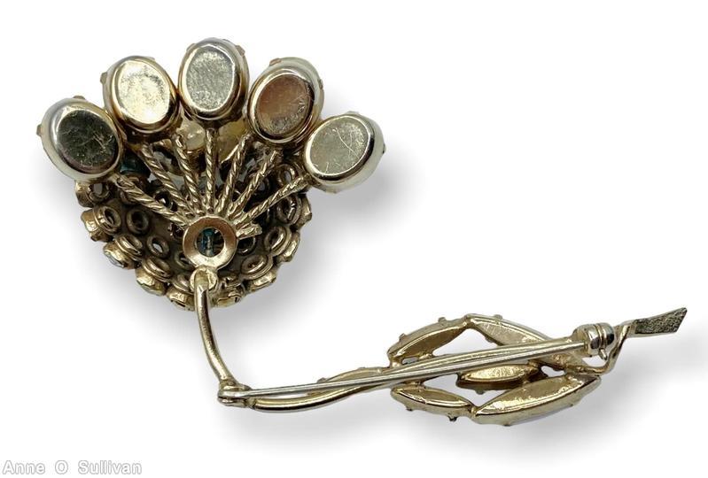 Schreiner 8 oval cab surrounding bead flower pin 1 navette leaf long stem moonglow ivory oval cab white metalic brown crystal goldtone clear champgne jewelry