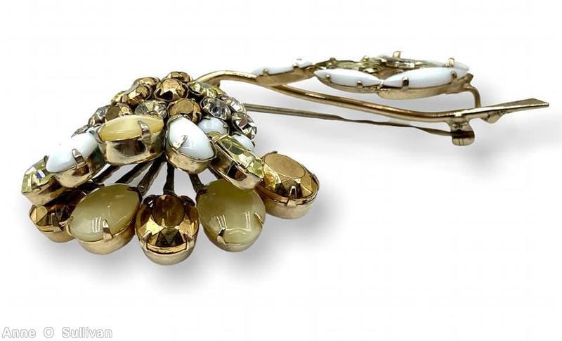 Schreiner 8 oval cab surrounding bead flower pin 1 navette leaf long stem moonglow ivory oval cab white metalic brown crystal goldtone clear champgne jewelry