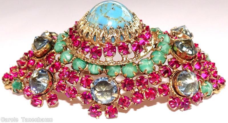Schreiner 8 pointy stone high domed oval pin large chaton center turquoise emerald smoke faceted inverted fuchsia jewelry