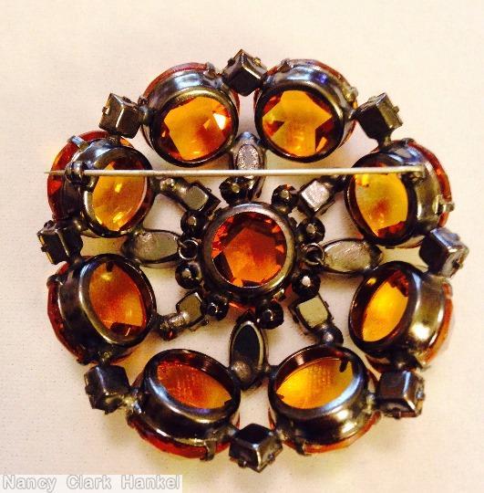 Schreiner 8 rose cut pointy stone side concave domed oval pin rose cut center clear amber clear champagne jewelry