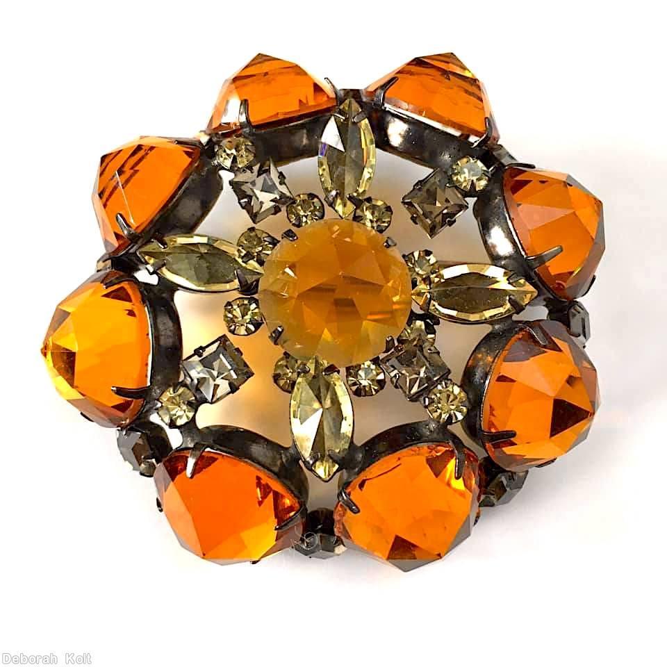 Schreiner 8 rose cut pointy stone side concave domed oval pin rose cut center clear amber clear champagne jewelry