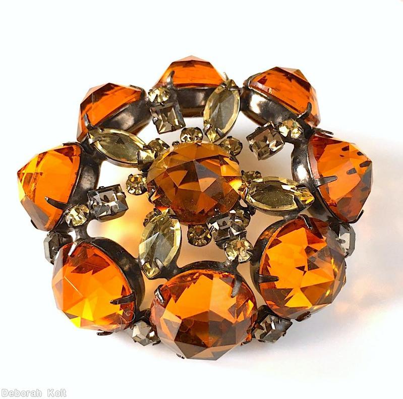 Schreiner 8 rose cut pointy stone side concave domed oval pin rose cut center clear amber clear champagne jewelry