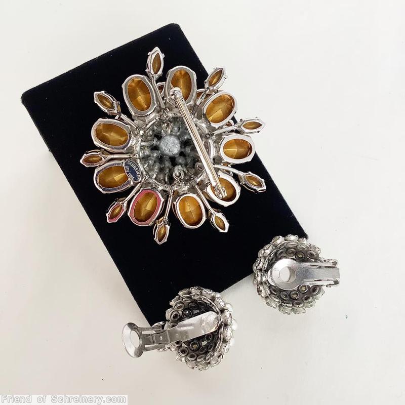 Schreiner 9 large oval cab radial round pin 2 level top level 8 tilted navette bottom level 9 navette clustered ball center crytal faux pearl seeds silvertone jewelry