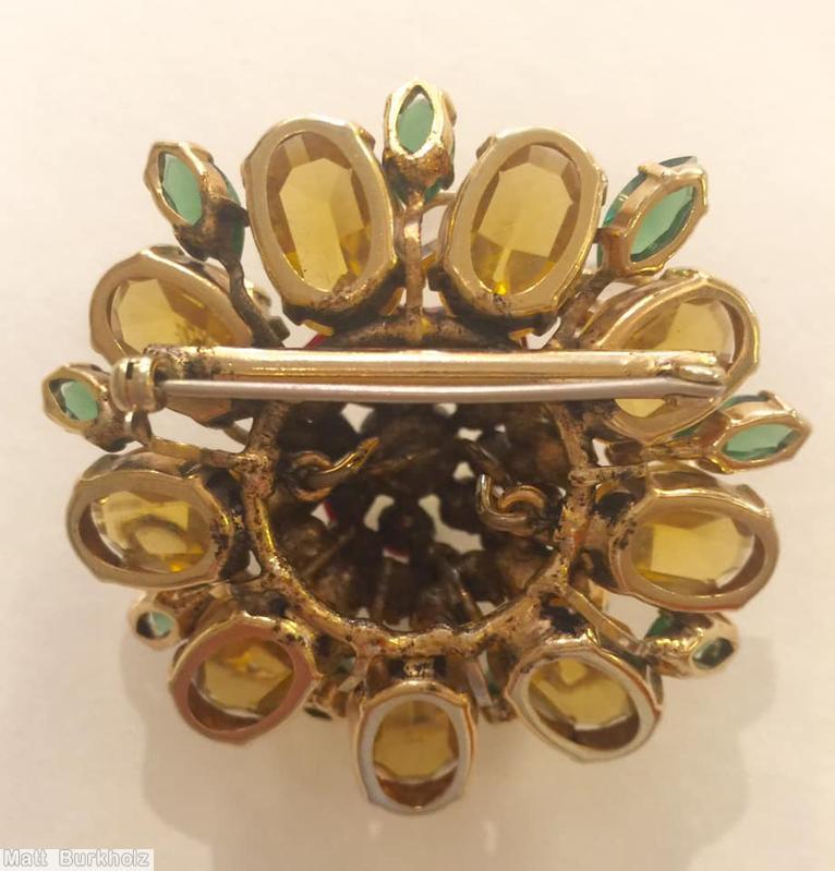 Schreiner 9 large oval cab radial round pin 2 level top level 8 tilted navette bottom level 9 navette clustered ball center smoky blue clear champagne navette red crystal jewelry