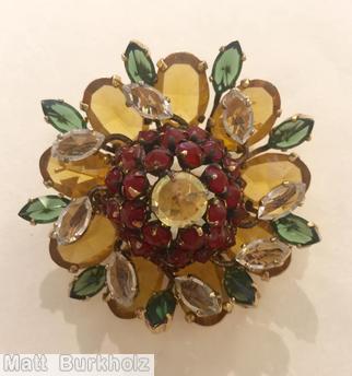 Schreiner 9 large oval cab radial round pin 2 level top level 8 tilted navette bottom level 9 navette clustered ball center smoky blue clear champagne navette red crystal jewelry