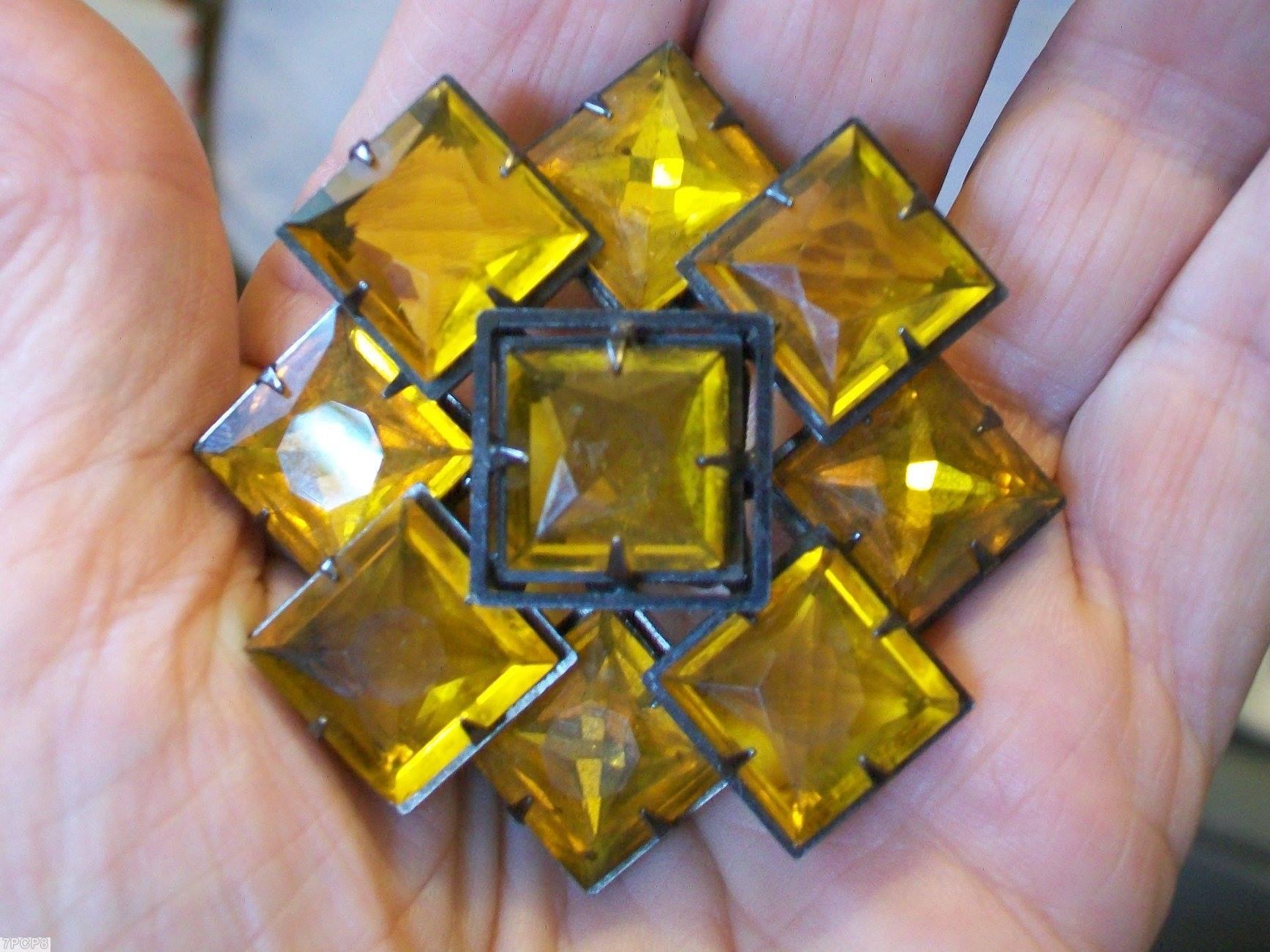 Schreiner 9 large square stone 2 level radial pin clear amber japanned jewelry