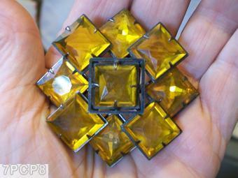 Schreiner 9 large square stone 2 level radial pin clear amber japanned jewelry