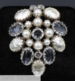 Schreiner 9 oval cab shield shaped pin large oval baroque pearl faux pearl crystal silvertone jewelry