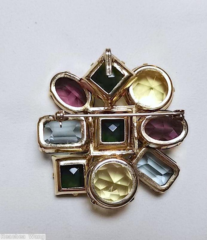 Schreiner 9 varied shape large stone square pin 3 square stone 2 chaton 2 baguette 2 teardrop purple emerald ice blue clear champagne jewelry