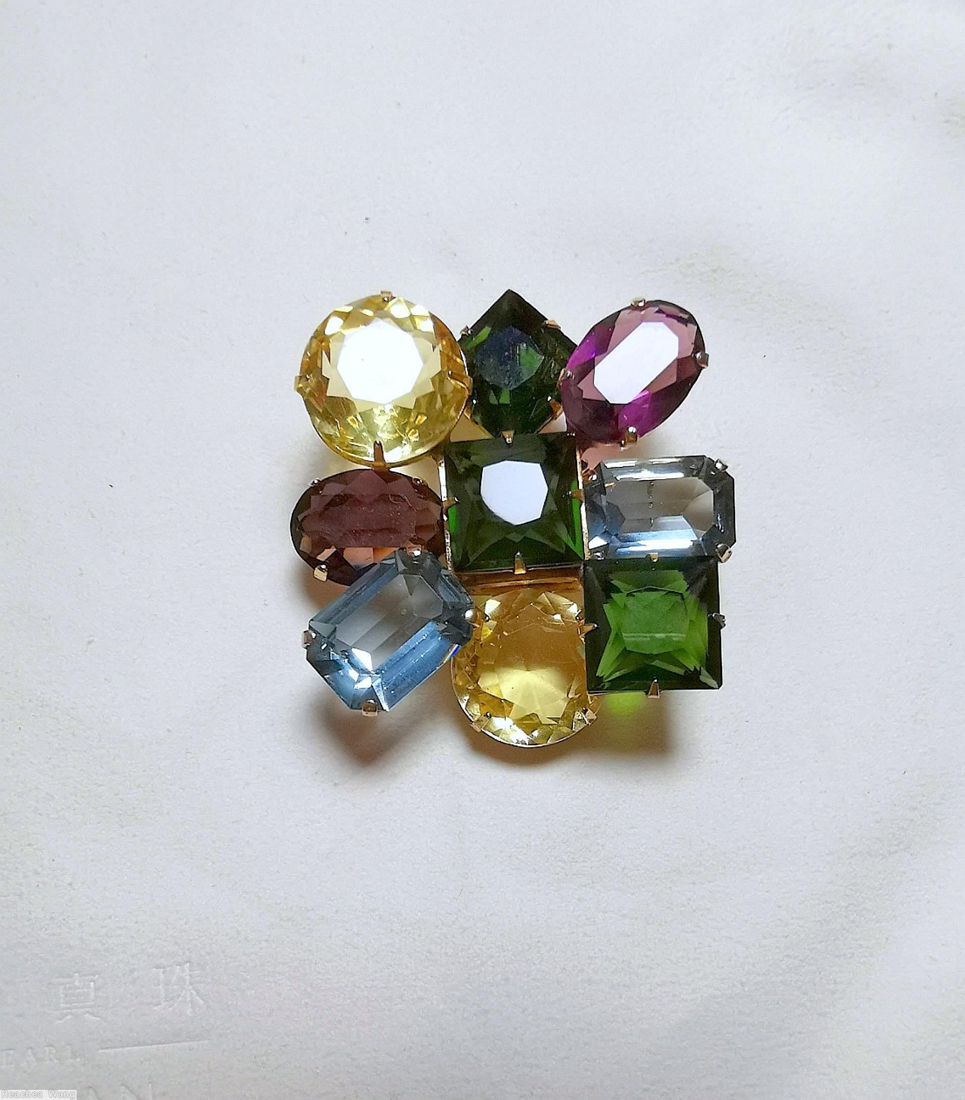 Schreiner 9 varied shape large stone square pin 3 square stone 2 chaton 2 baguette 2 teardrop purple emerald ice blue clear champagne jewelry